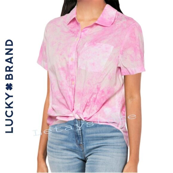 NWT Lucky Brand Tie-Dye Tie-Front Cotton Button Down Shirt - Picture 1 of 5